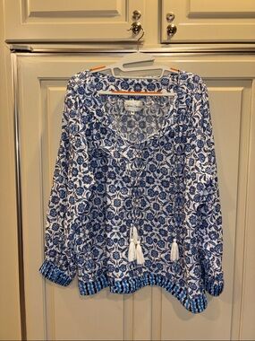 Cara Cara Blue and White Floral Tassel Tunic
